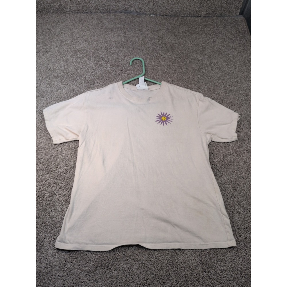 Smiley World x H&M Graphic T-Shirt Mens XS Cream Psychedelic Sun Back Print Tee